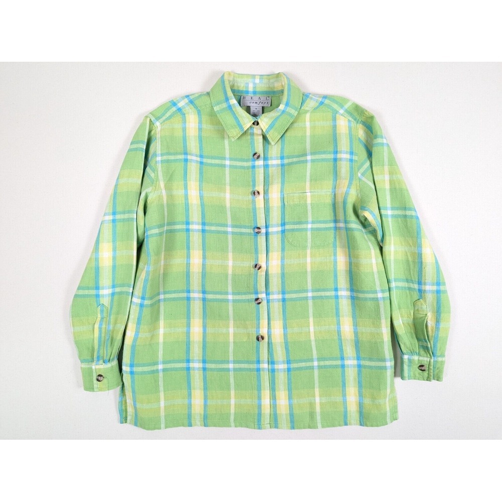 Real Comfort Linen Top Women M Long Sleeve Button Up Green Blue Yellow Plaid